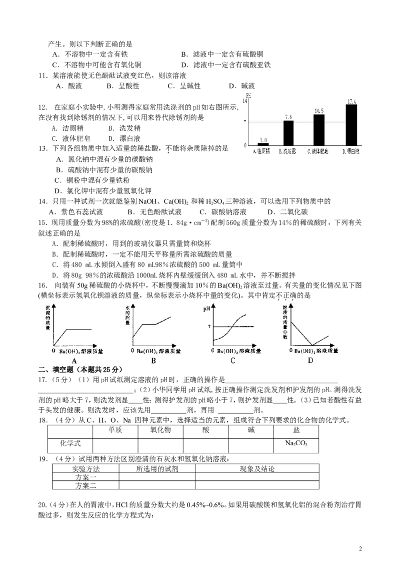 第10单元_酸和碱_单元测试题及答案1_初中化学_01.人教版初中化学_01.初中化学课件PPT--教案--试题_初中化学&mdash;课件&mdash;教案&mdash;试题-推荐_9年级下课件教案试题_9年级下试题_第10单元