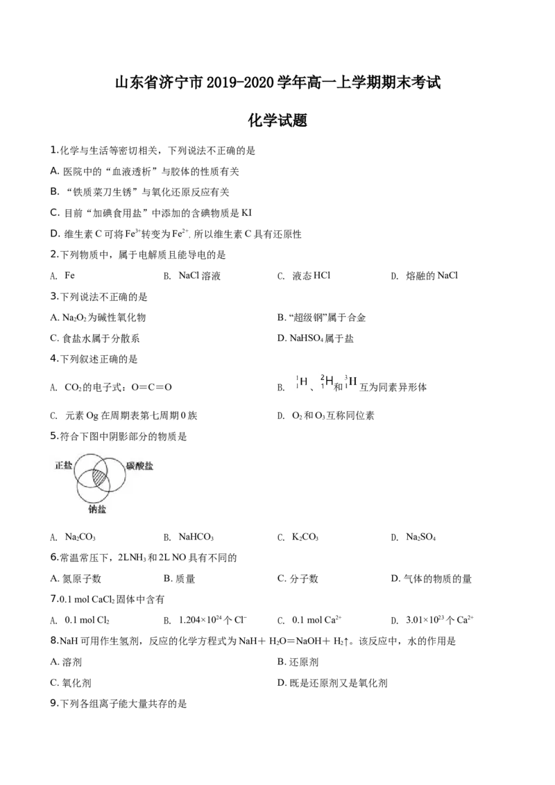 精品解析：山东省济宁市2019-2020学年高一上学期期末考试化学试题（原卷版）_高化_2025春-人教版高中化学_01新版高中化学必修一_4.习题试卷_期中期末真题卷