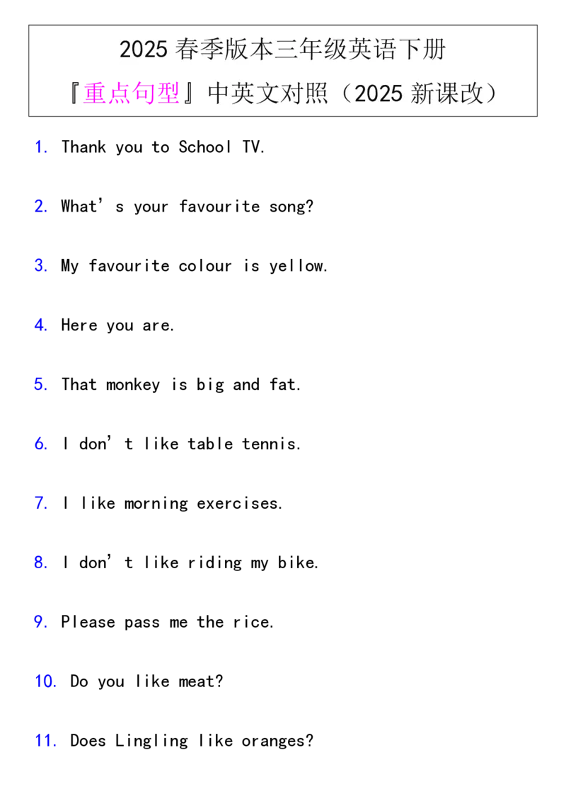 2025春新版三年级英语下册『重点句型』中英文对照_26春四年级上下册人教版_四上英语合集人教版PEP英语四年级上册新教材（教学视频+课件+动画+音频+练习+教案）_20知识点总结