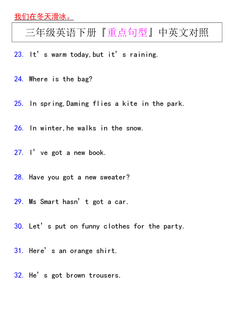 2025春新版三年级英语下册『重点句型』中英文对照_26春四年级上下册人教版_四上英语合集人教版PEP英语四年级上册新教材（教学视频+课件+动画+音频+练习+教案）_20知识点总结