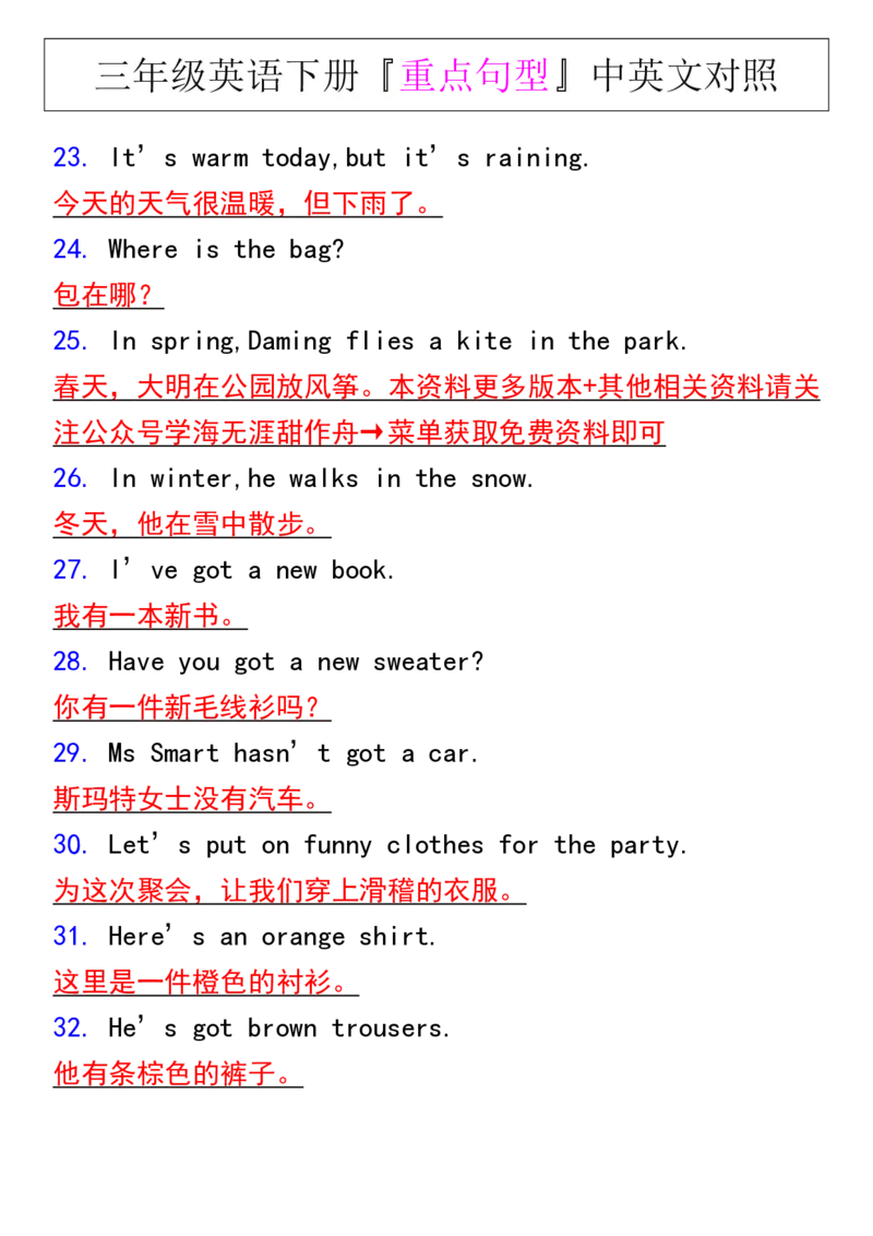 2025春新版三年级英语下册『重点句型』中英文对照_26春四年级上下册人教版_四上英语合集人教版PEP英语四年级上册新教材（教学视频+课件+动画+音频+练习+教案）_20知识点总结