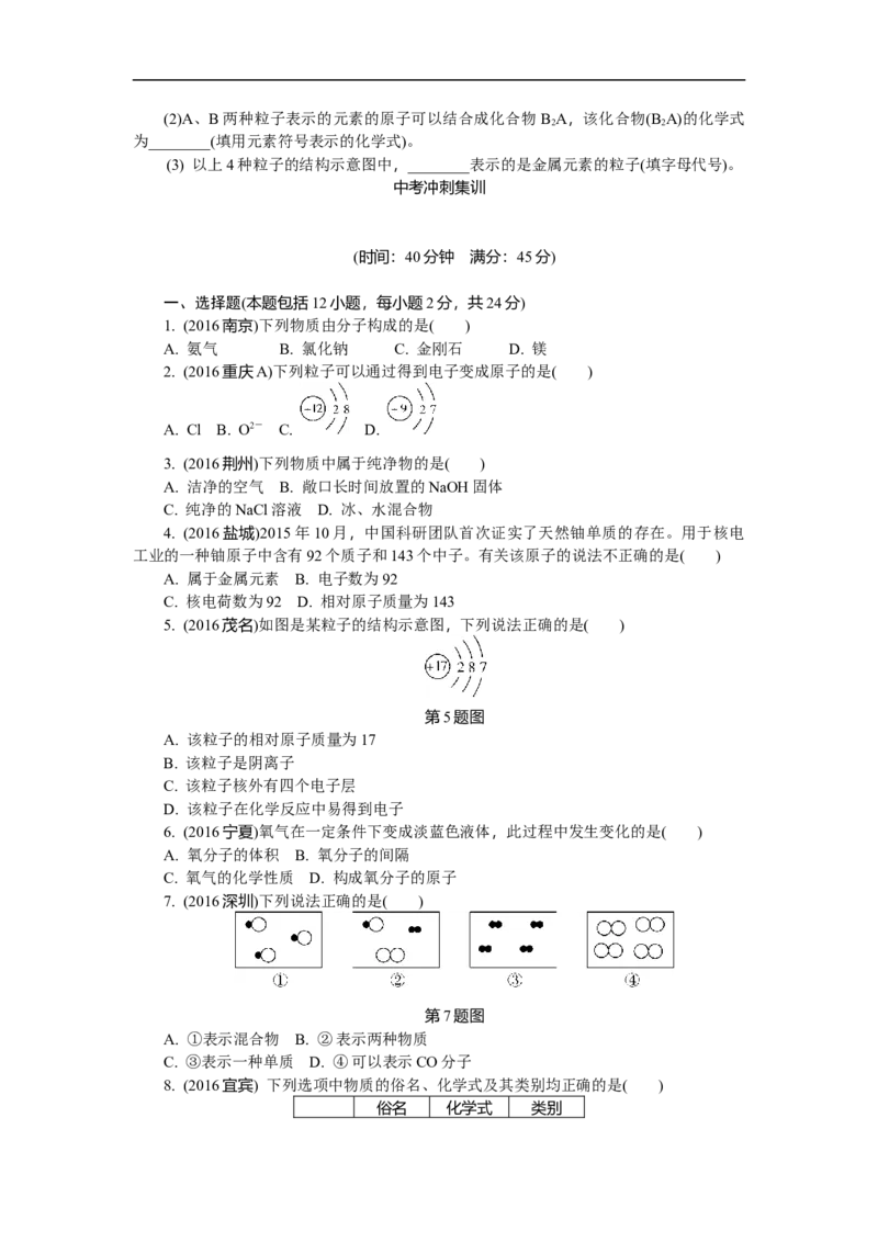 满分特训2018年中考化学专题复习分类集训专题九　物质的分类　微粒构成物质_初中化学_01.人教版初中化学_07.初中化学中考总复习