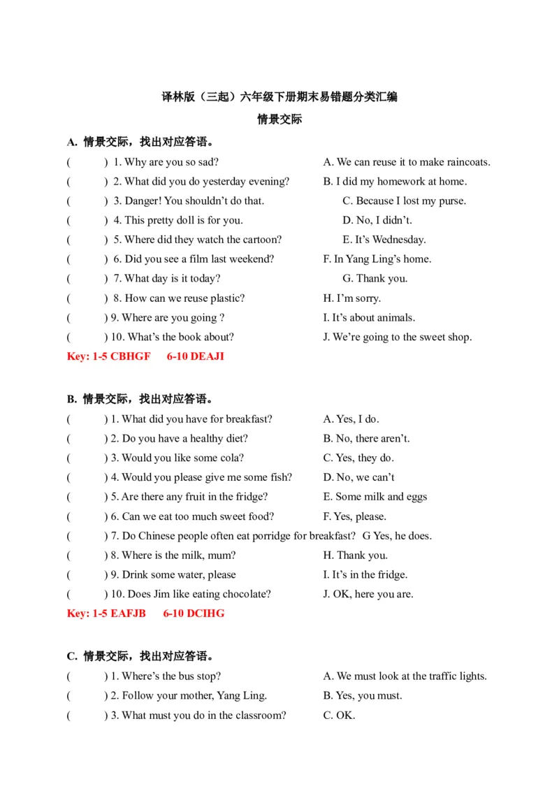 期末易错题分类汇编情景交际六年级下册（答案版）_专项练习