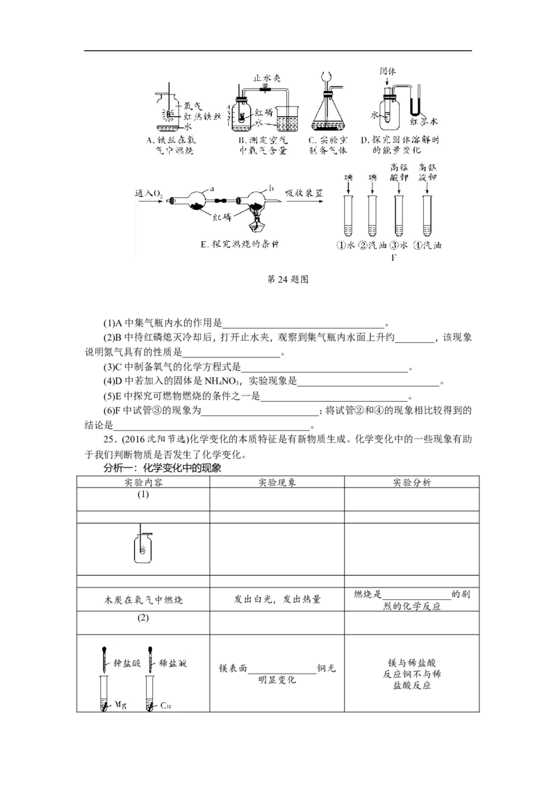 满分特训2018年中考化学专题复习重点题型突破题型六教材基础实验_初中化学_01.人教版初中化学_07.初中化学中考总复习_满分特训2018年中考化学专题复习分类集训