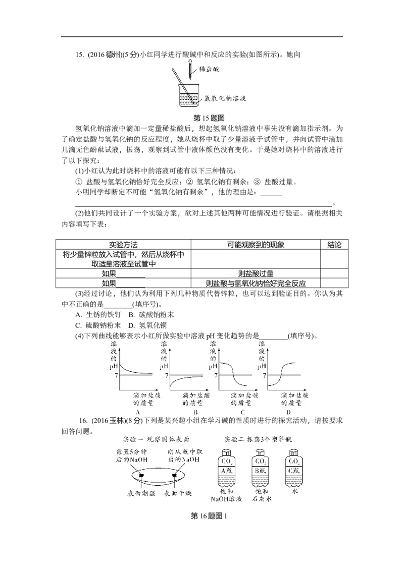 满分特训2018年中考化学专题复习分类集训专题七　常见的酸和碱_初中化学_01.人教版初中化学_07.初中化学中考总复习_满分特训2018年中考化学专题复习分类集训