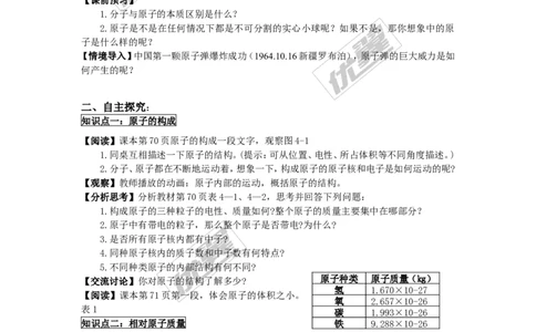 课题2原子的结构_初中化学_01.人教版初中化学_01.初中化学课件PPT--教案--试题_初中化学全套(课件--教案--配套)_18年初中化学9年级上_18秋九化上(RJ)--3.精品学案