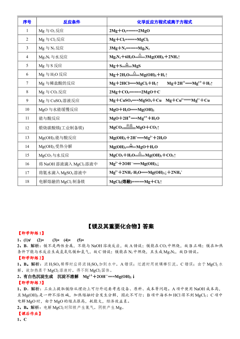 课时3.5镁及其重要化合物-2020-2021学年高一化学必修第一册精品讲义（新教材人教版）_高化_2025春-人教版高中化学_01新版高中化学必修一_5.精品讲义