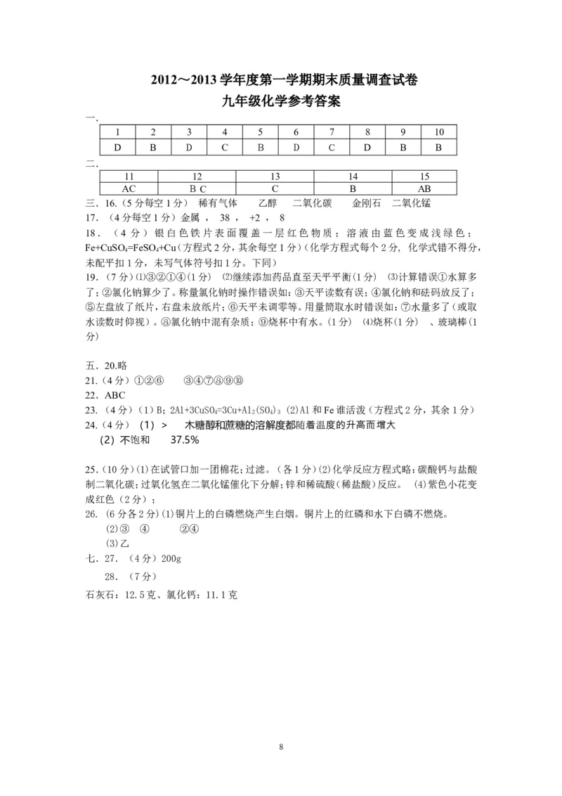 天津市武清区2013届九年级上学期期末质量调查化学试题_初中化学_01.人教版初中化学_01.初中化学课件PPT--教案--试题_初中化学全套_化学试题