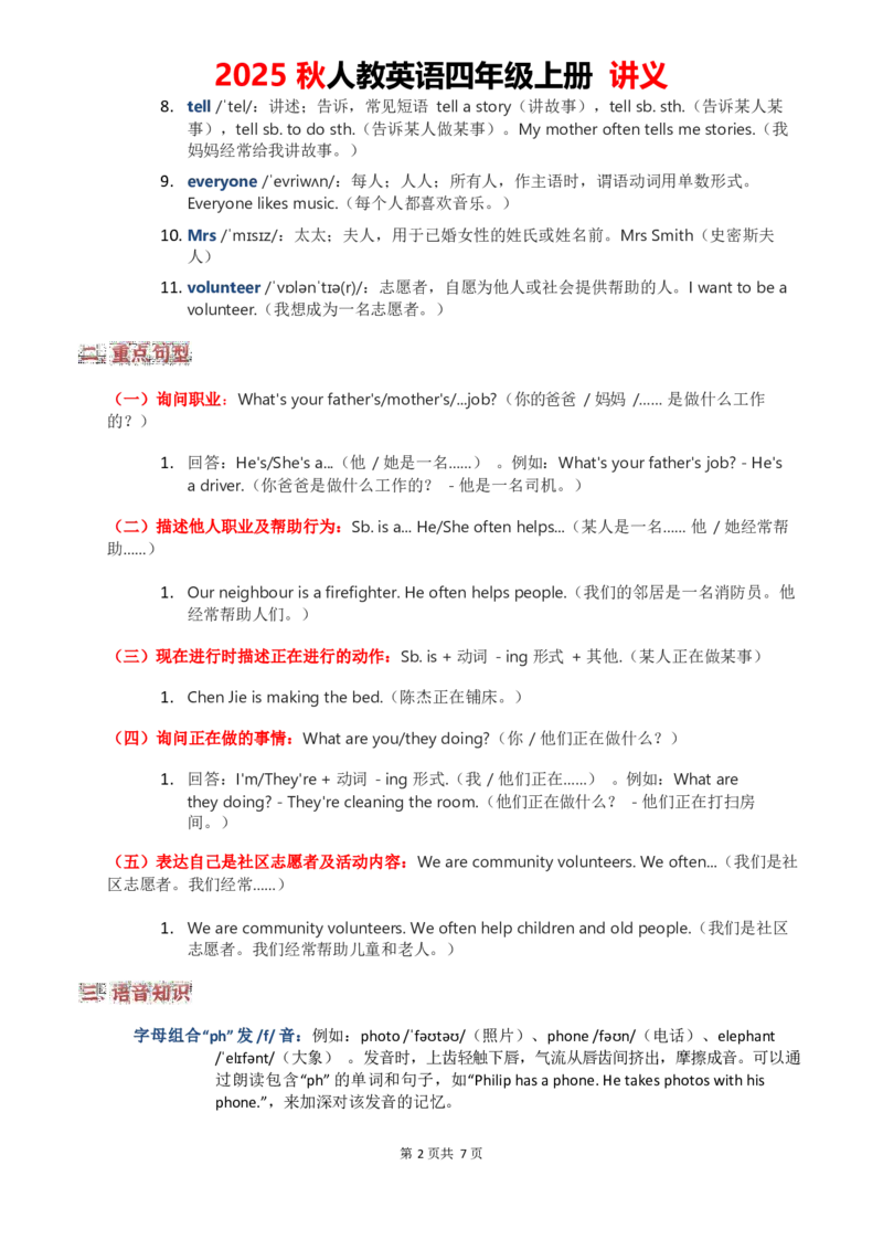 2025秋人教英语四上讲义Unit04学生版_26春四年级上下册人教版_四上英语合集人教版PEP英语四年级上册新教材（教学视频+课件+动画+音频+练习+教案）_11教材讲义（word）