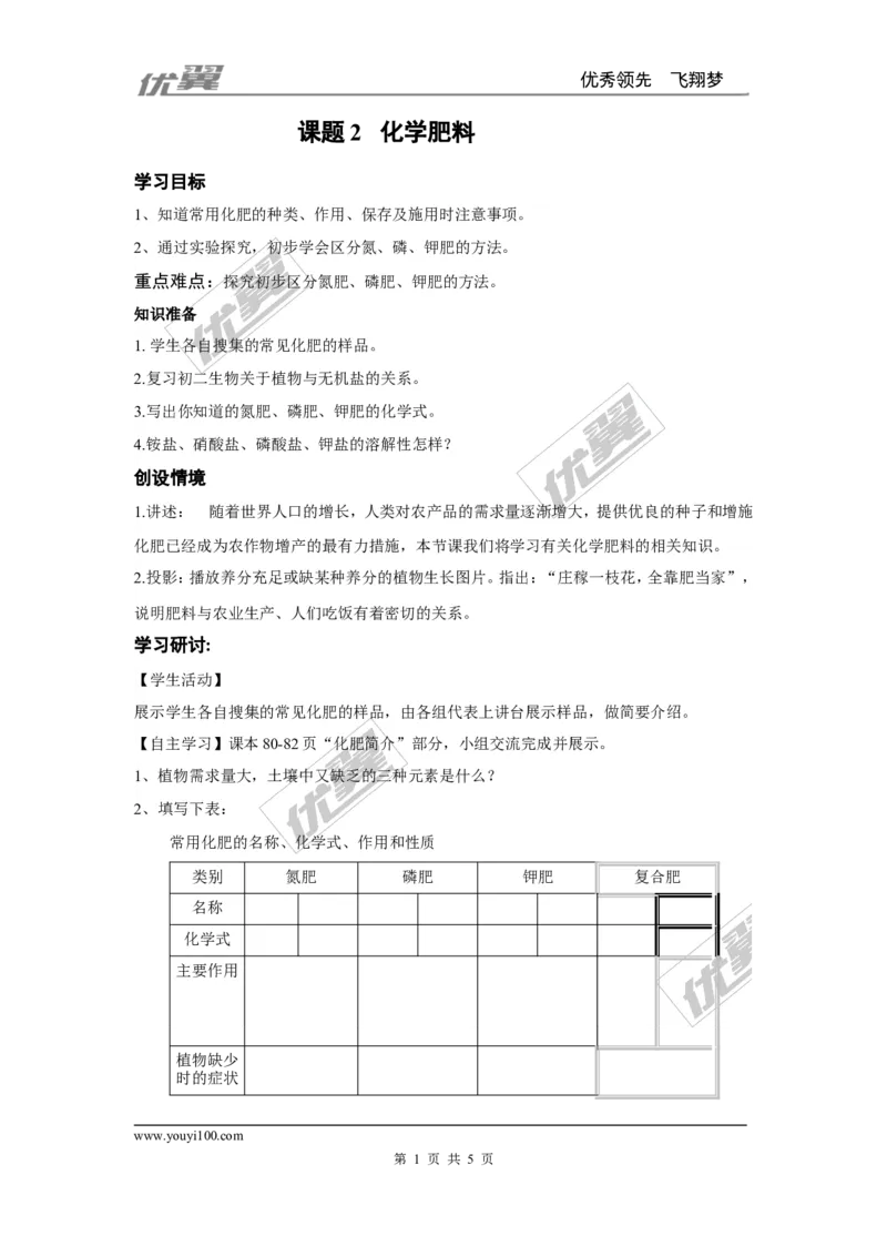 课题2化学肥料_初中化学_01.人教版初中化学_01.初中化学课件PPT--教案--试题_初中化学全套(课件--教案--配套)_18年初中化学9年级下_18春九化下(RJ)--3.精品学案_4.第十一单元盐化肥