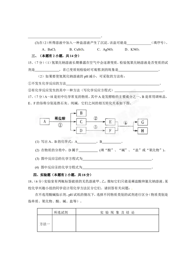 （人教版）九年级下册：第11单元盐、化肥单元测试_初中化学_01.人教版初中化学_01.初中化学课件PPT--教案--试题_初中化学18年试卷_人教版九年级化学下册2018