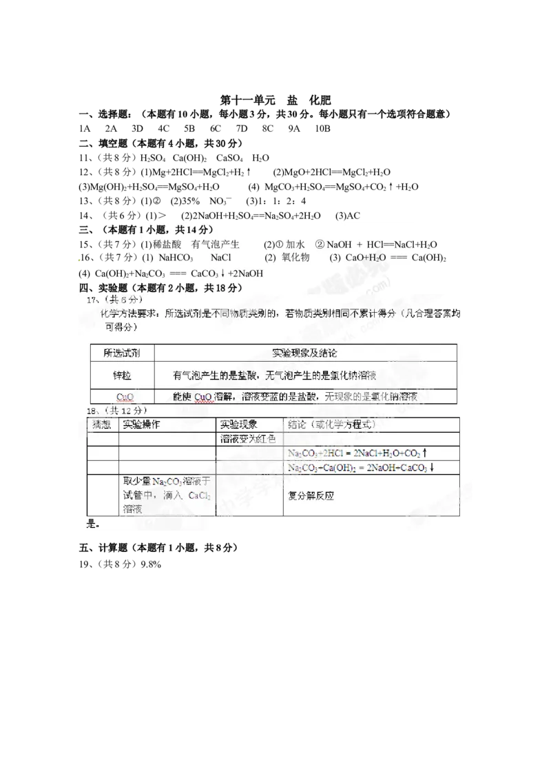 （人教版）九年级下册：第11单元盐、化肥单元测试_初中化学_01.人教版初中化学_01.初中化学课件PPT--教案--试题_初中化学18年试卷_人教版九年级化学下册2018