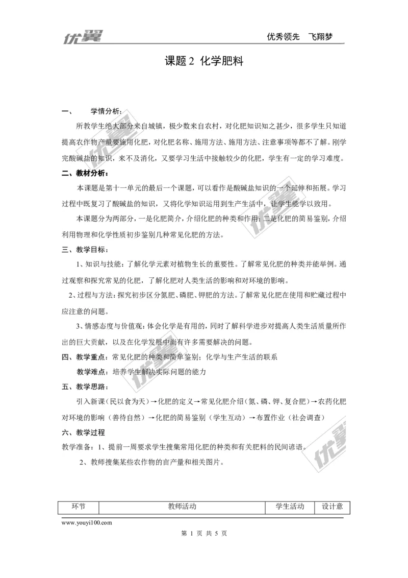 课题2化学肥料_初中化学_01.人教版初中化学_01.初中化学课件PPT--教案--试题_初中化学全套(课件--教案--配套)_18年初中化学9年级下_18春九化下(RJ)--2.精品教案_4.第十一单元盐化肥