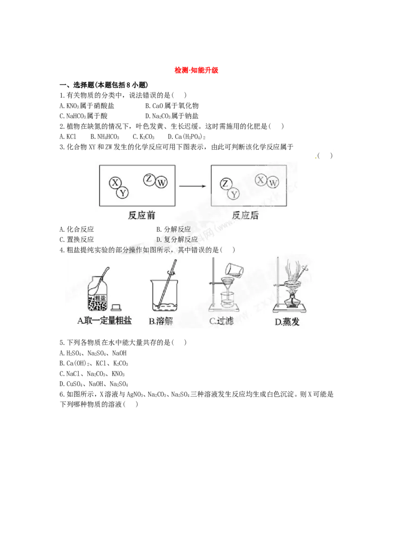 （人教版）九年级下册：第11单元盐、化肥检测&bull;知能升级_初中化学_01.人教版初中化学_01.初中化学课件PPT--教案--试题_初中化学18年试卷_人教版九年级化学下册2018