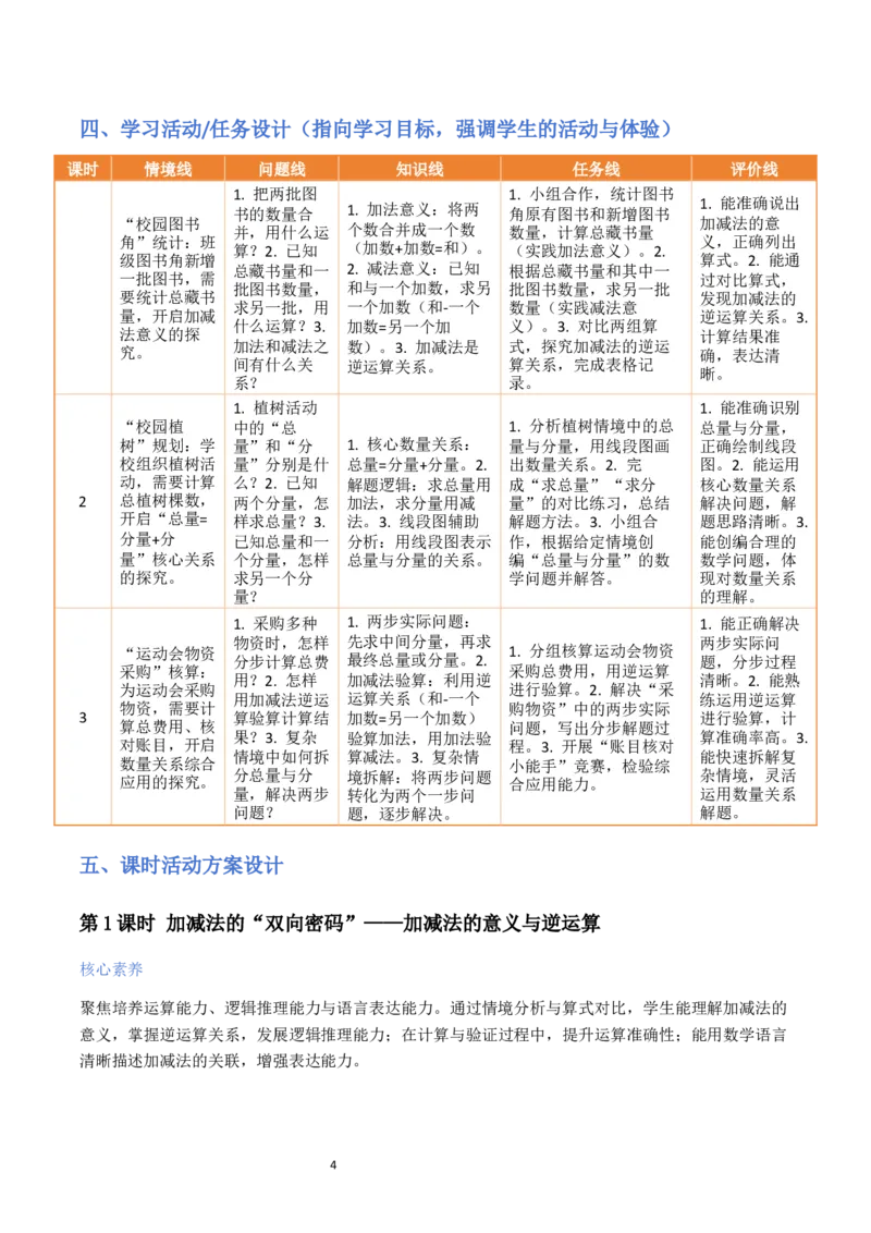 第2单元加法数量关系（大单元整体教学设计）数学苏教版三年级数学下册（新教材）_A151三年级下册数学（苏教版）_2026春新版_第二套_04大单元教学设计