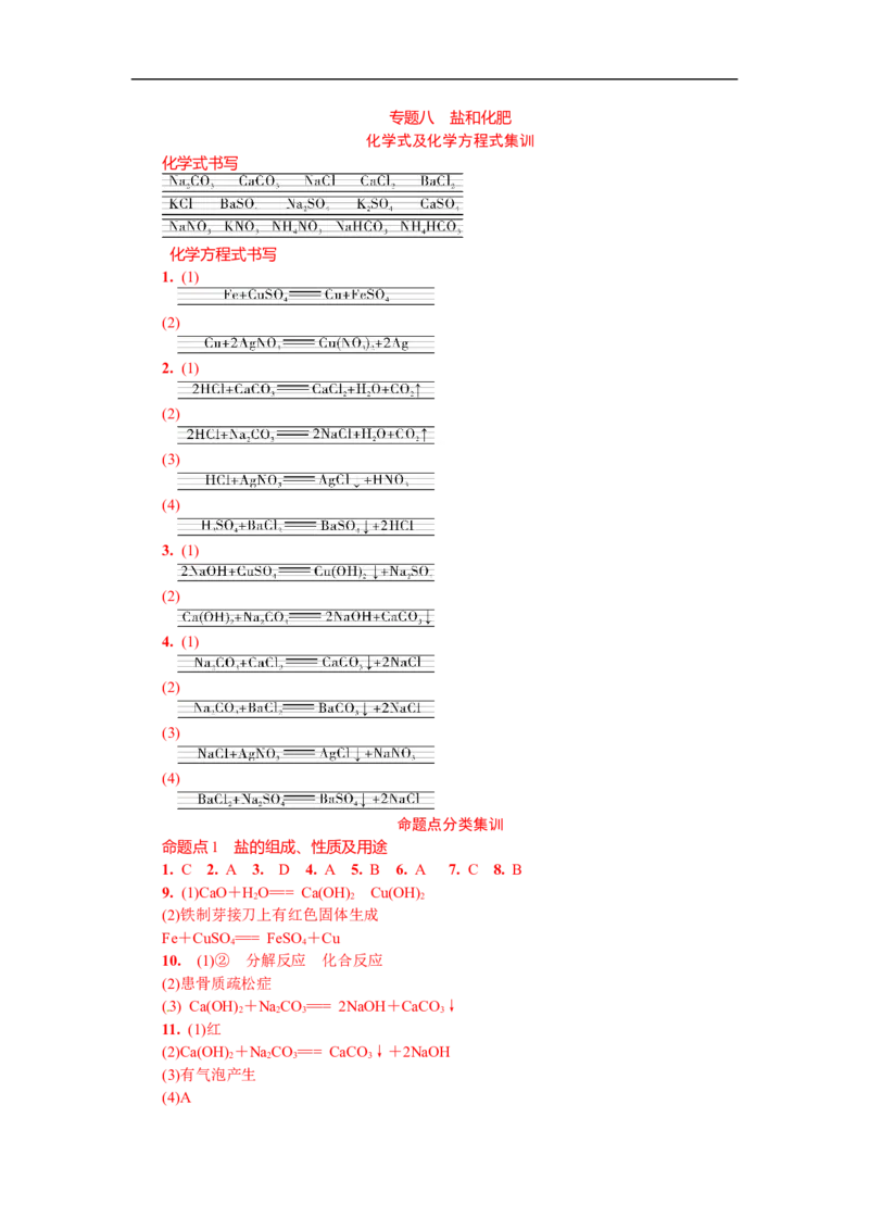 满分特训2018年中考化学专题复习分类集训专题八　盐和化肥_初中化学_01.人教版初中化学_07.初中化学中考总复习_满分特训2018年中考化学专题复习分类集训