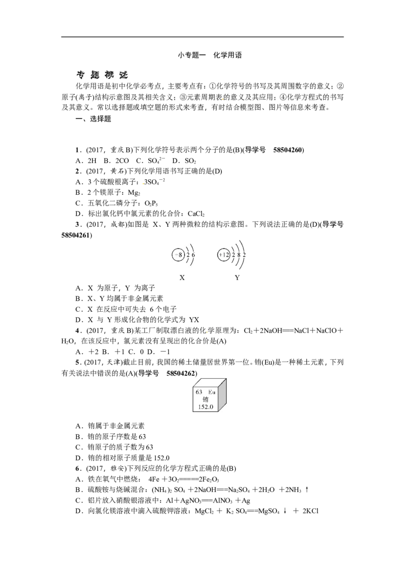 小专题一化学用语_初中化学_01.人教版初中化学_07.初中化学中考总复习_2018年（聚焦新中考）人教版_2018年（聚焦新中考）人教版第2篇考点跟踪专题突破练习全套