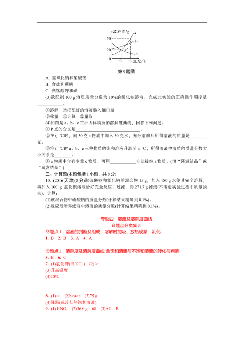 满分特训2018年中考化学专题复习分类集训专题四　溶液及溶解度曲线_初中化学_01.人教版初中化学_07.初中化学中考总复习_满分特训2018年中考化学专题复习分类集训