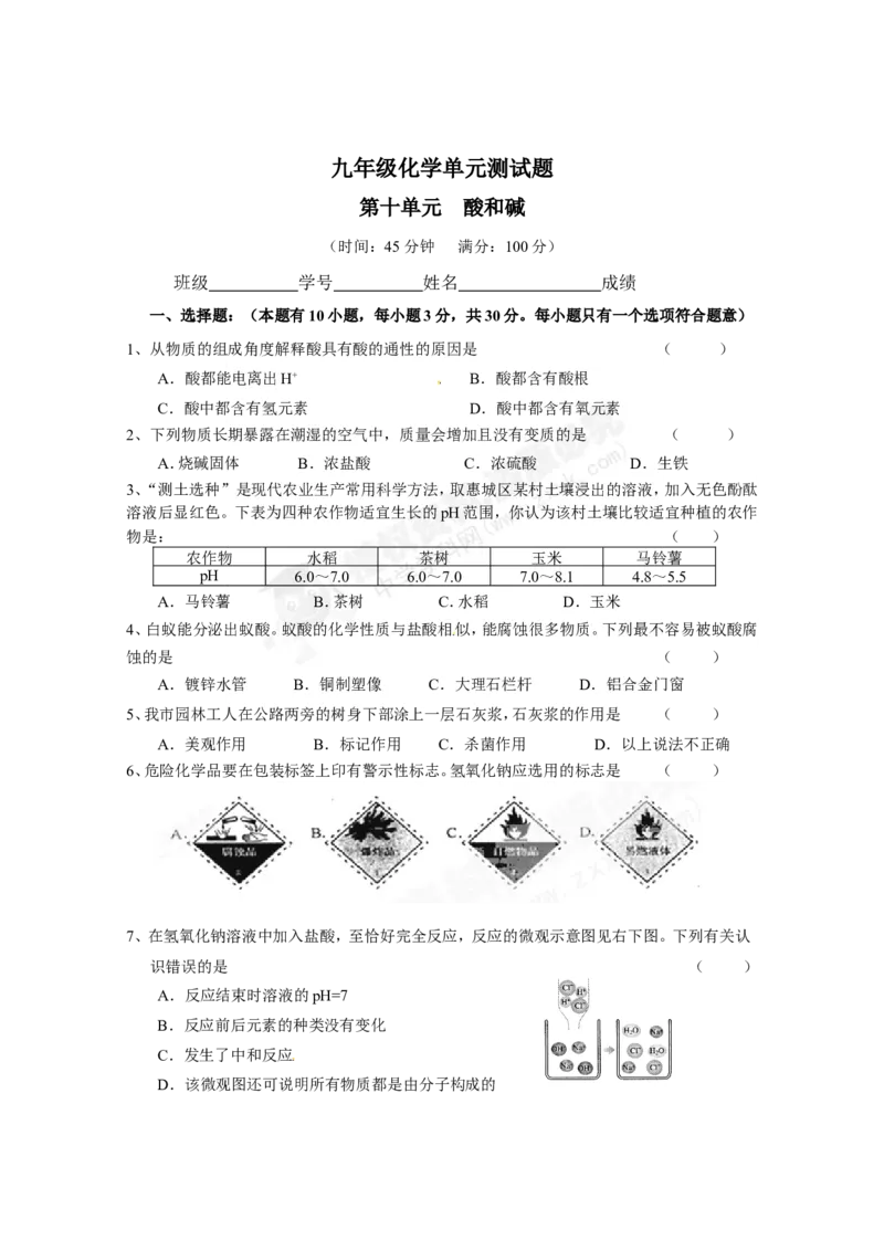 （人教版）九年级下册：第10单元常见的酸和碱单元测试_初中化学_01.人教版初中化学_01.初中化学课件PPT--教案--试题_初中化学18年试卷_人教版九年级化学下册2018