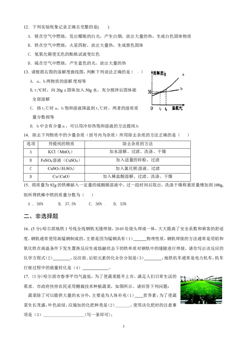 黑龙江省哈尔滨市松北区2013届九年级升学调研测试（一）化学试题_初中化学_01.人教版初中化学_01.初中化学课件PPT--教案--试题_初中化学全套_化学试题