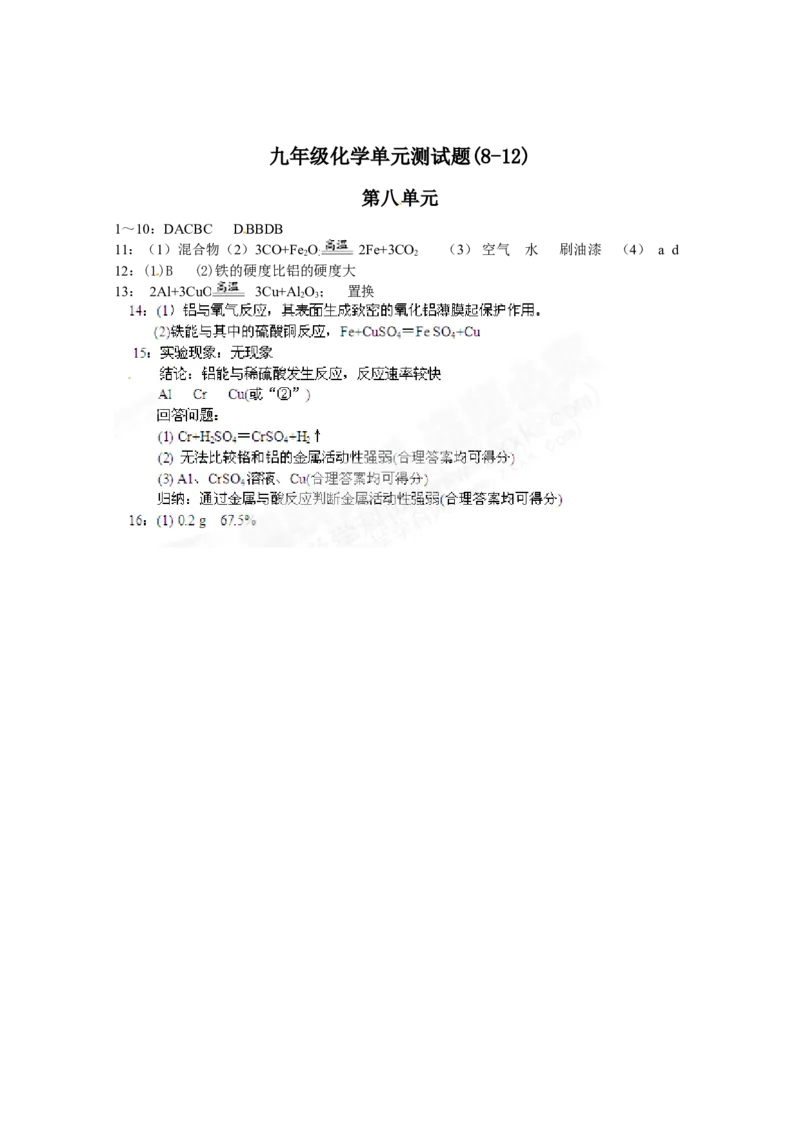 （人教版）九年级下册：第8单元金属和金属材料单元测试_初中化学_01.人教版初中化学_01.初中化学课件PPT--教案--试题_初中化学18年试卷_人教版九年级化学下册2018