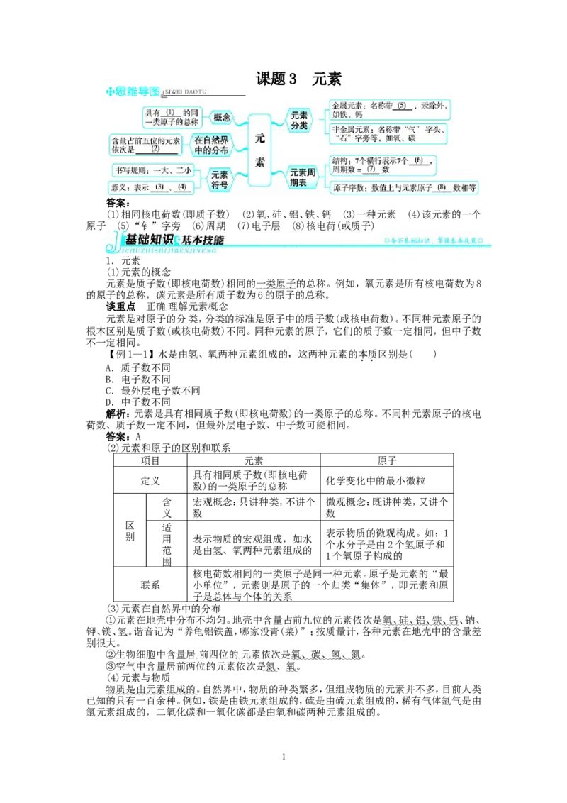新人教版九年级化学上册例题精讲：第3单元课题3元素_初中化学_01.人教版初中化学_01.初中化学课件PPT--教案--试题_初中化学全套_化学教案