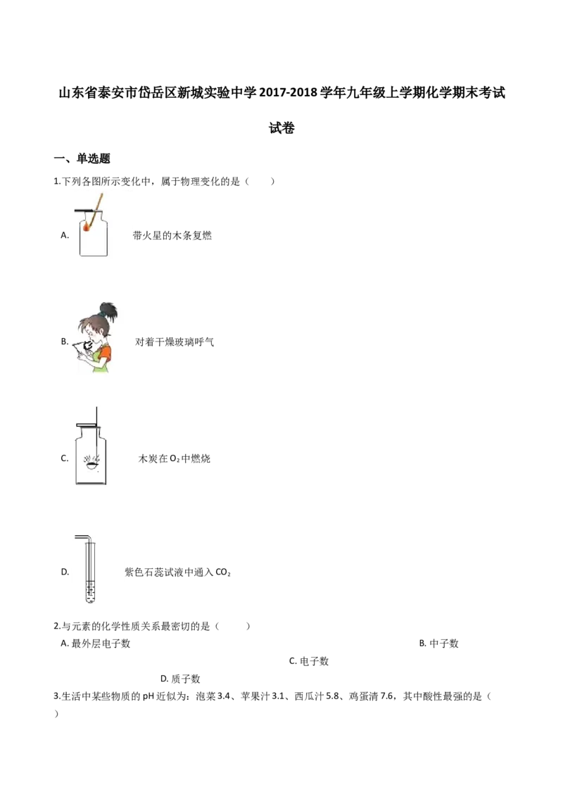 山东省泰安市岱岳区新城实验中学2017-2018学年九年级上学期化学期末考试试卷（解析版）_初中化学_01.人教版初中化学_01.初中化学课件PPT--教案--试题_初中化学18年试卷