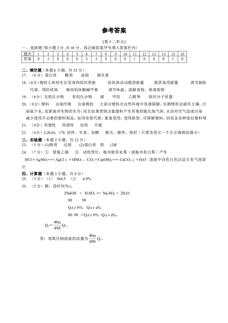 第12单元测试题及答案1_初中化学_01.人教版初中化学_01.初中化学课件PPT--教案--试题_初中化学全套_化学试题_化学：人教版九年级下册各单元测试题及答案（58份）