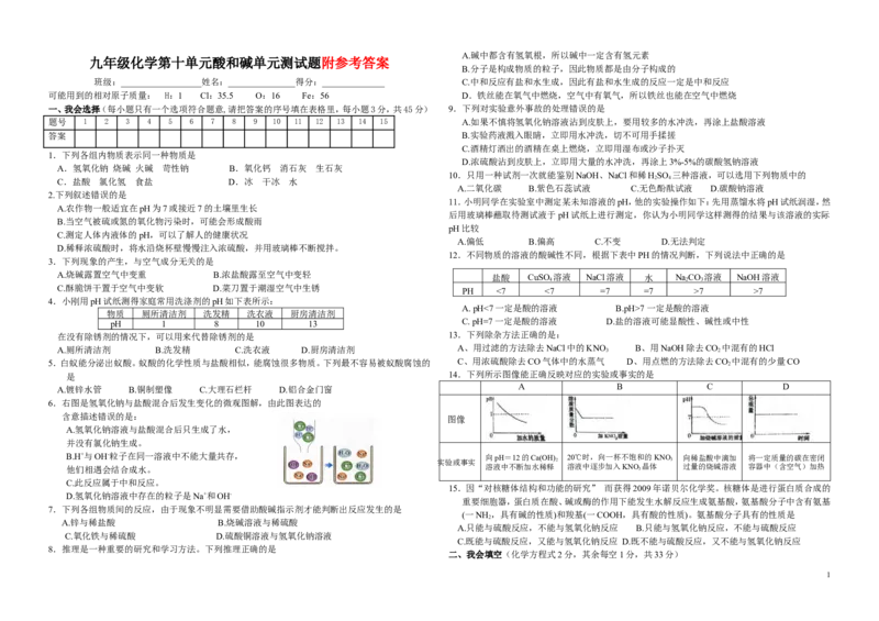 第十单元酸和碱单元测试题_初中化学_01.人教版初中化学_01.初中化学课件PPT--教案--试题_初中化学&mdash;课件&mdash;教案&mdash;试题-推荐_9年级下课件教案试题_9年级下试题_第10单元