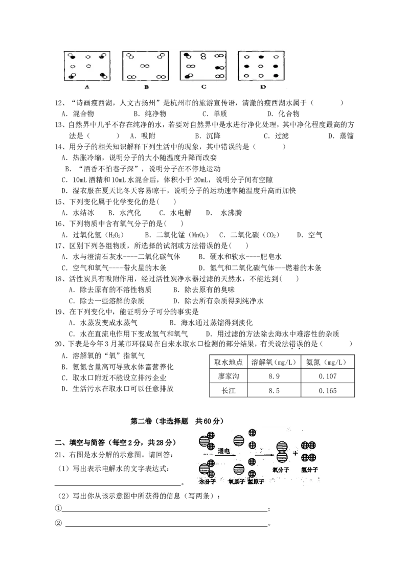 第四单元自然界的水单元测试题(1)_初中化学_01.人教版初中化学_01.初中化学课件PPT--教案--试题_初中化学&mdash;课件&mdash;教案&mdash;试题-推荐_9年级上课件教案试题_9年级上试题_第4单元