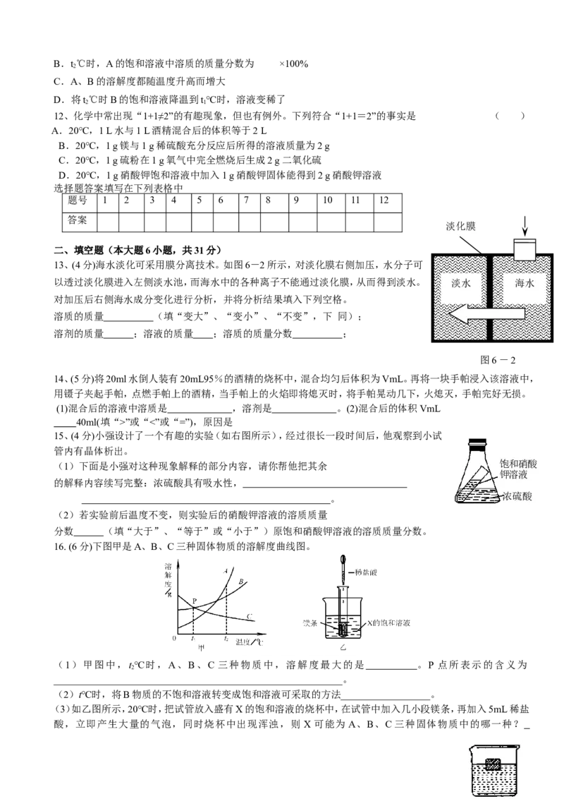 第9单元溶液单元测试题及答案_初中化学_01.人教版初中化学_01.初中化学课件PPT--教案--试题_初中化学全套_化学试题_化学：人教版九年级下册各单元测试题及答案（58份）