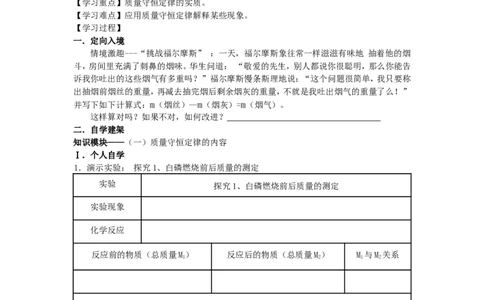 课题1质量守恒定律教学案_初中化学_01.人教版初中化学_01.初中化学课件PPT--教案--试题_初中化学全套_化学教案_化学：人教版九年级上册导学案（3套33份）