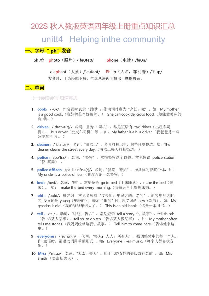 2025秋人教版英语四上Unit4重点知识汇总_26春四年级上下册人教版_四上英语合集人教版PEP英语四年级上册新教材（教学视频+课件+动画+音频+练习+教案）_12单元重点知识（word）