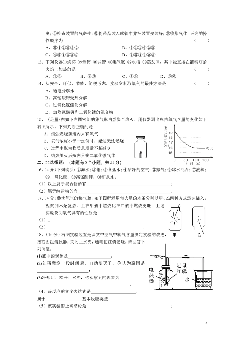 我们周围的空气单元测试试卷_初中化学_01.人教版初中化学_01.初中化学课件PPT--教案--试题_初中化学&mdash;课件&mdash;教案&mdash;试题-推荐_9年级上课件教案试题_9年级上试题_第2单元