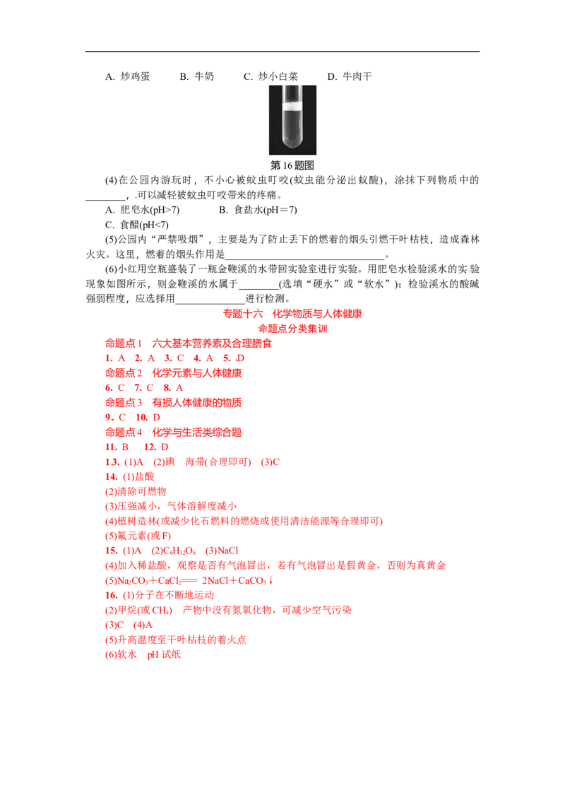 满分特训2018年中考化学专题复习分类集训专题十六　化学物质与人体健康_初中化学_01.人教版初中化学_07.初中化学中考总复习_满分特训2018年中考化学专题复习分类集训