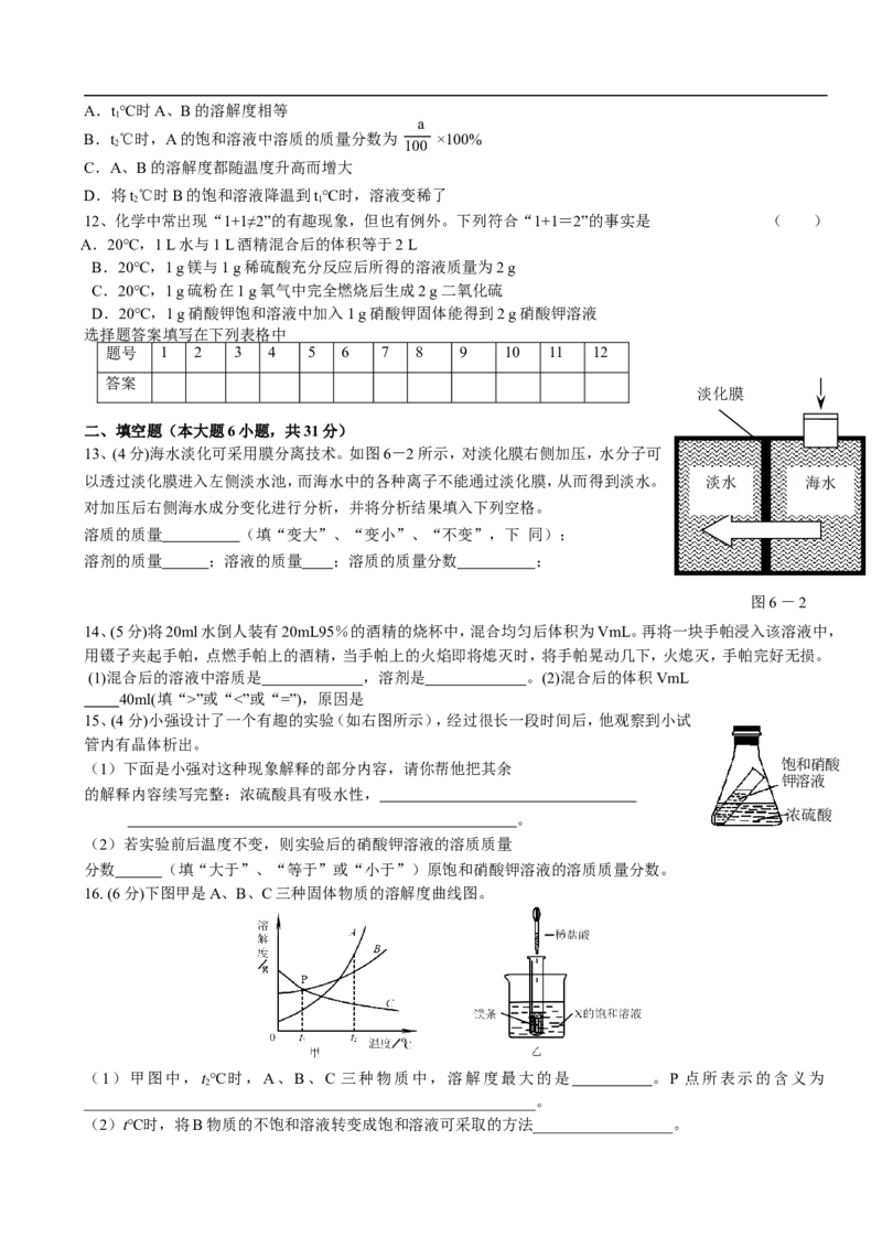 第9单元溶液单元测试题及答案1_初中化学_01.人教版初中化学_01.初中化学课件PPT--教案--试题_初中化学18年试卷_人教版九年级化学下册2018_2015初中化学九年级下册单元检测