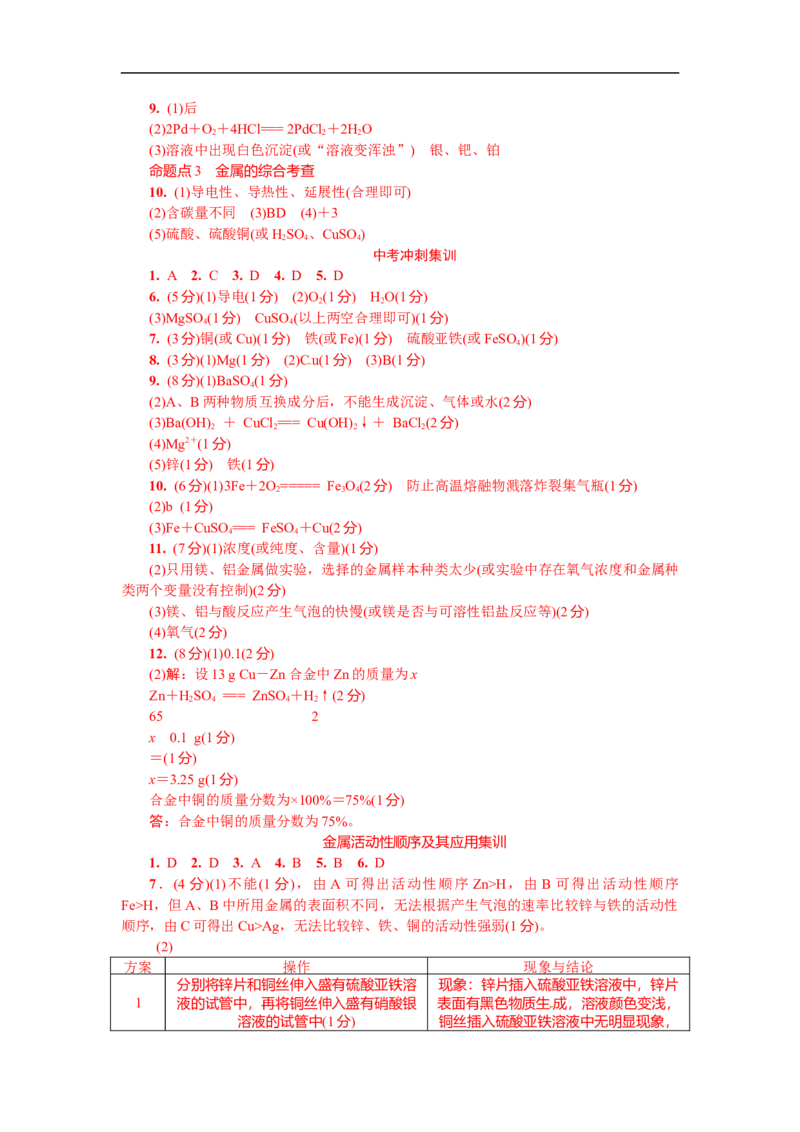满分特训2018年中考化学专题复习分类集训专题六　金属的化学性质_初中化学_01.人教版初中化学_07.初中化学中考总复习_满分特训2018年中考化学专题复习分类集训