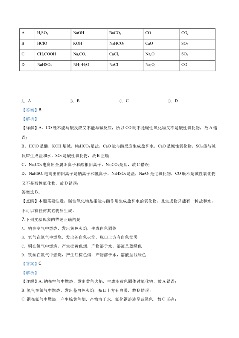 精品解析：北京市北京101中学2019-2020学年高一上学期期中考试化学试题（解析版）_高化_2025春-人教版高中化学_01新版高中化学必修一_4.习题试卷_期中期末真题卷