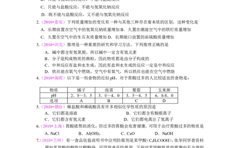 第10单元酸和碱单元检测题及答案2_初中化学_01.人教版初中化学_01.初中化学课件PPT--教案--试题_初中化学18年试卷_人教版九年级化学下册2018_2015初中化学九年级下册单元检测