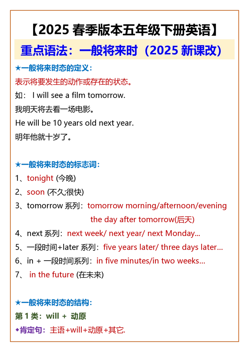 2025春新版五年级下册英语重点语法：一般将来时_26春四年级上下册人教版_四上英语合集人教版PEP英语四年级上册新教材（教学视频+课件+动画+音频+练习+教案）_20知识点总结