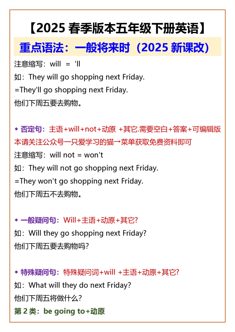2025春新版五年级下册英语重点语法：一般将来时_26春四年级上下册人教版_四上英语合集人教版PEP英语四年级上册新教材（教学视频+课件+动画+音频+练习+教案）_20知识点总结