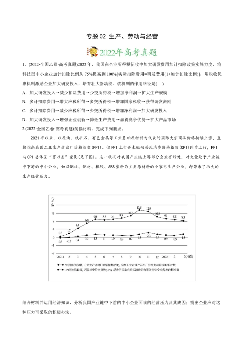 2022年高考政治真题与模拟题分专题训练专题02生产、劳动与经营（学生版）_8.2025政治总复习_2024年新高考资料_3.2024专项复习_赠2022年高考政治真题与模拟题分专题训练
