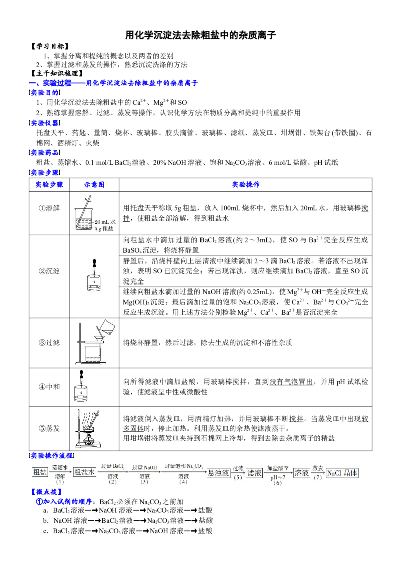 课时5.1.5拓展1用化学沉淀法去除粗盐中的杂质离子-2020-2021学年高一化学必修第二册精品讲义（新教材人教版）_高化_2025春-人教版高中化学_02新版高中化学必修二_7.精品讲义