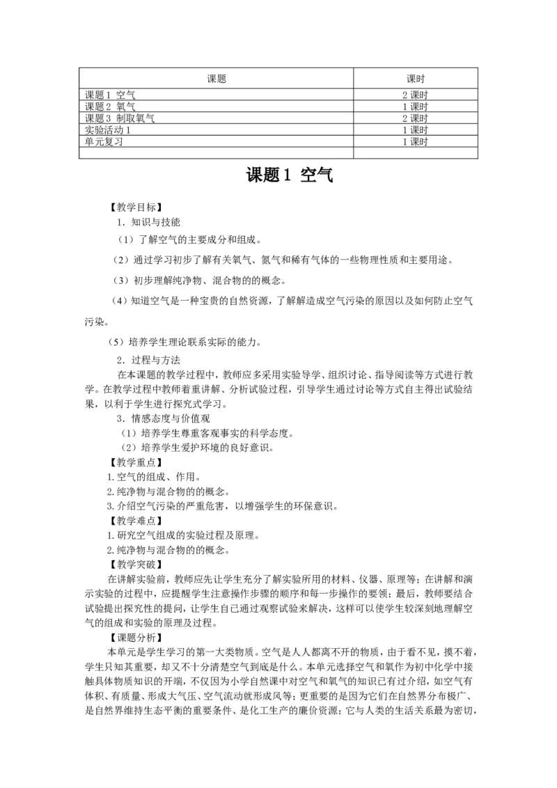 第二单元我们周围的空气教案_初中化学_01.人教版初中化学_01.初中化学课件PPT--教案--试题_初中化学&mdash;课件&mdash;教案&mdash;试题-推荐_9年级上课件教案试题_9年级上教案_第2单元