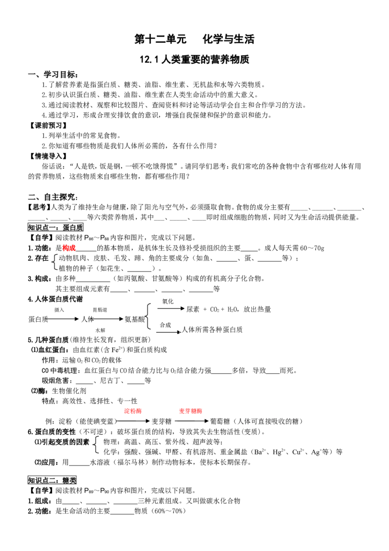 第十二单元-化学与生活导学案_初中化学_01.人教版初中化学_01.初中化学课件PPT--教案--试题_初中化学&mdash;课件&mdash;教案&mdash;试题-推荐_9年级下课件教案试题_9年级下教案_第12单元
