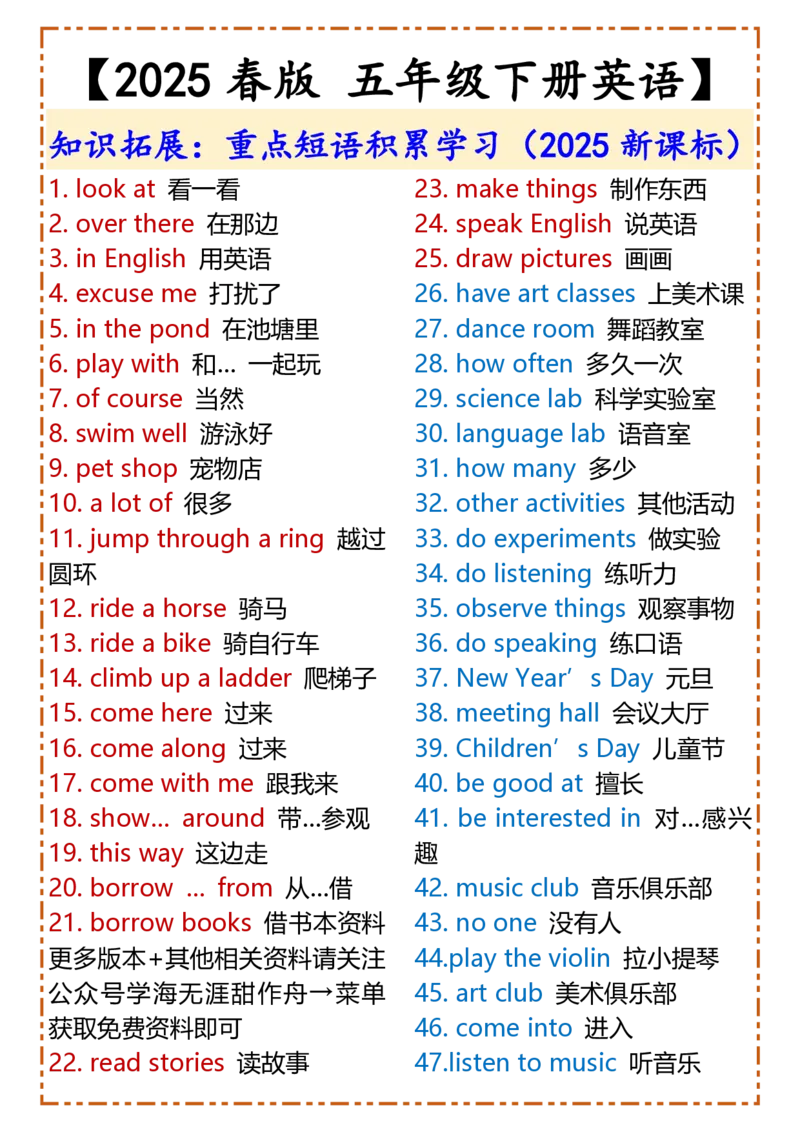2025春新版五年级下册英语重点短语积累学习_26春四年级上下册人教版_四上英语合集人教版PEP英语四年级上册新教材（教学视频+课件+动画+音频+练习+教案）_20知识点总结