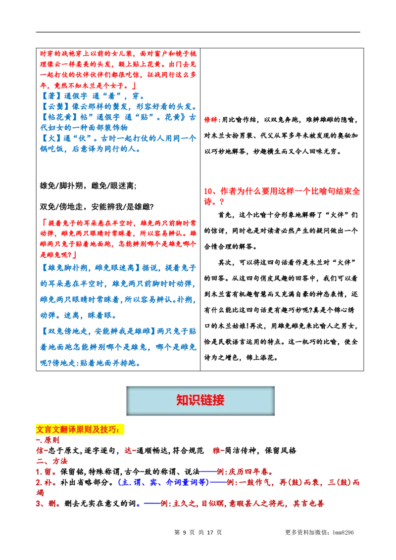 第09讲《木兰诗》_新人教版七下语文学习资料包_9.寒假预习课讲义+作业练习_七下语文寒假预习课