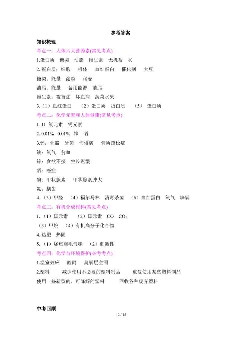 狙击中考之化学总复习：第十二单元化学与生活_初中化学_01.人教版初中化学_07.初中化学中考总复习_狙击中考之化学总复习