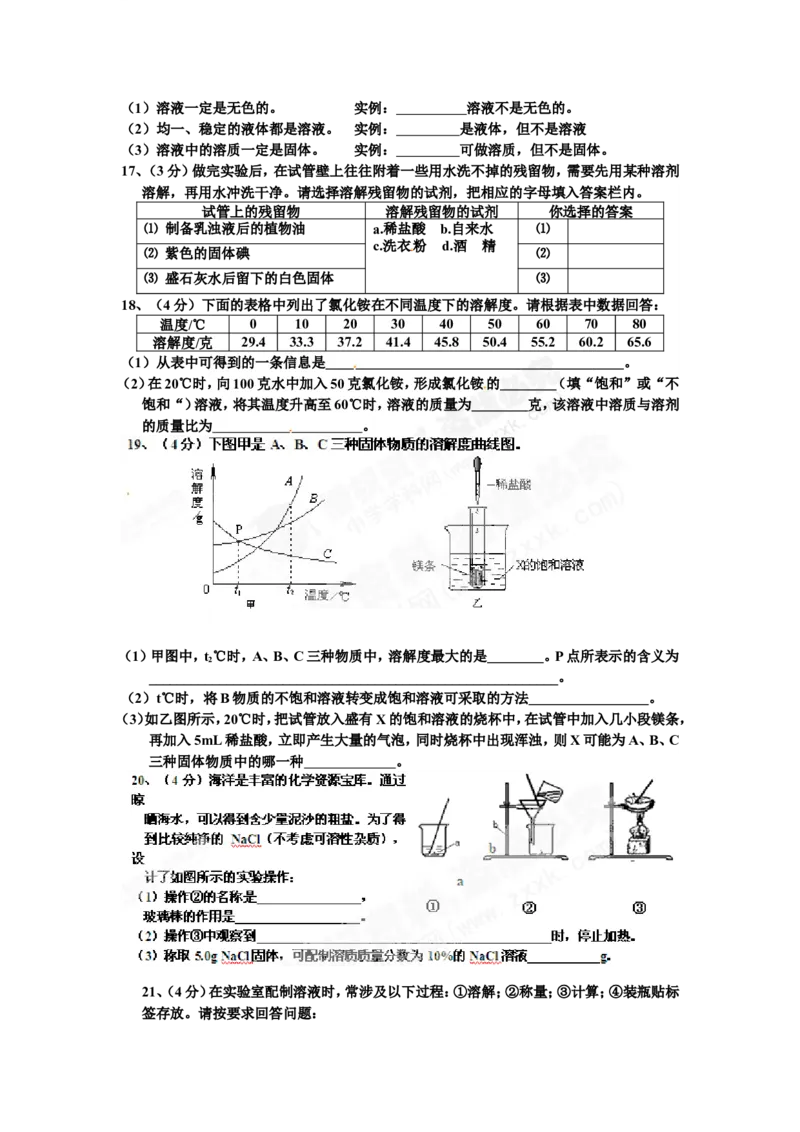 （人教版）九年级下册：第9单元试卷（试题内容：溶液）_初中化学_01.人教版初中化学_01.初中化学课件PPT--教案--试题_初中化学18年试卷_人教版九年级化学下册2018