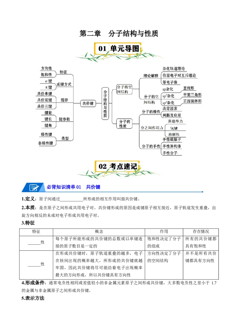 第二章分子结构与性质速记清单-（人教版2019选择性必修2）（学生版）_高化_595801221724高中化学新人教版选择性必修一二三电子版教案PPT课件高中试卷_选择性必修2册（人教版）